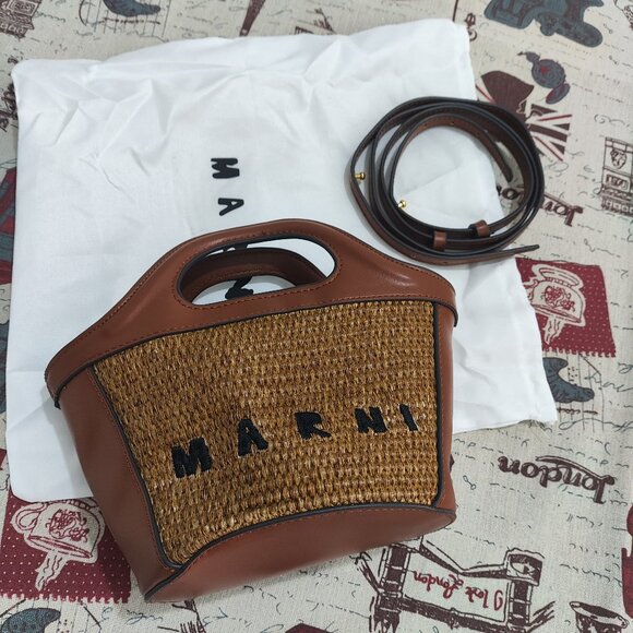 Marni Handbags - Marni Tropicalia Mini Tote Bag in Brown Leather & Woven Raffia